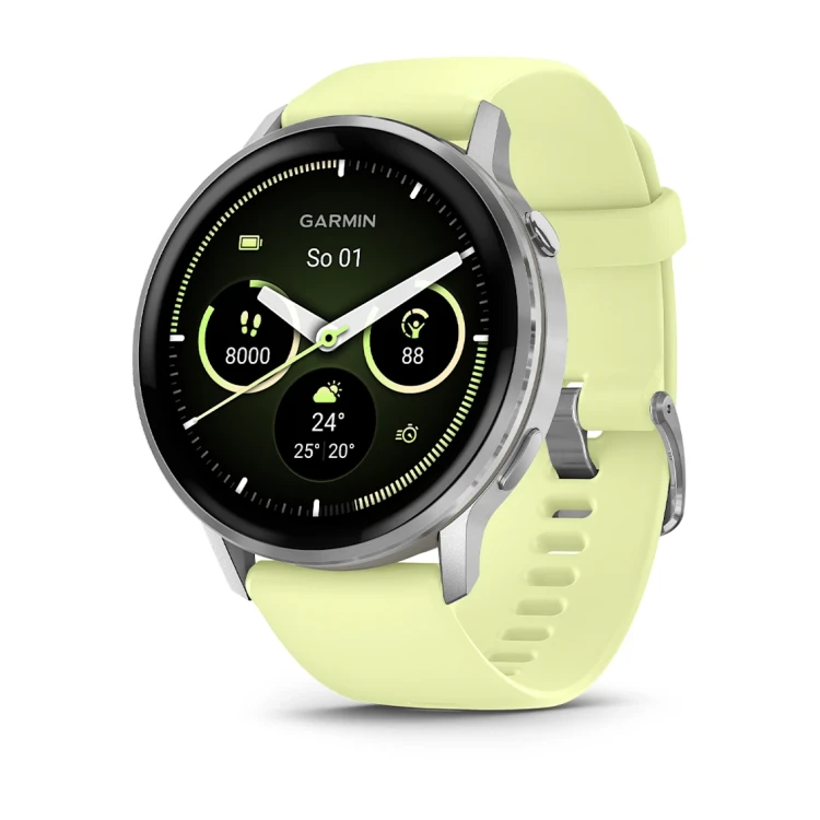 Smartwatch Garmin Venu 4 Srebrny z silikonowym paskiem i metalową obudową.