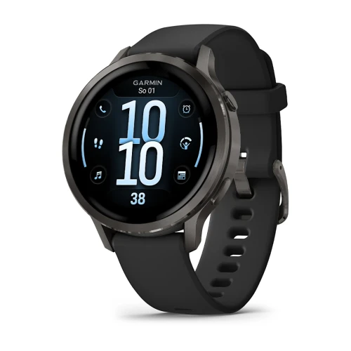Smartwatch Garmin Venu 4 41 mm czarny z silikonowym paskiem, metalową obudową i latarką LED.