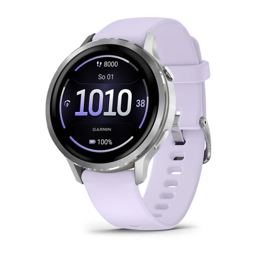 Smartwatch Garmin Venu 4 41 mm srebrny z silikonowym paskiem, metalową obudową i latarką LED.