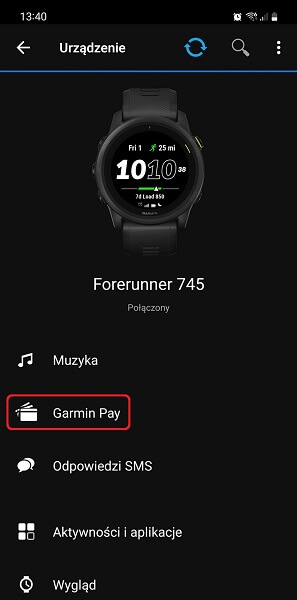 Garmin Pay w aplikacji Garmin Connect