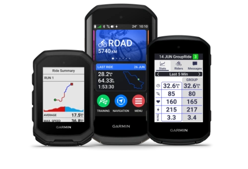 Na obrazku trzy liczniki Garmin Edge