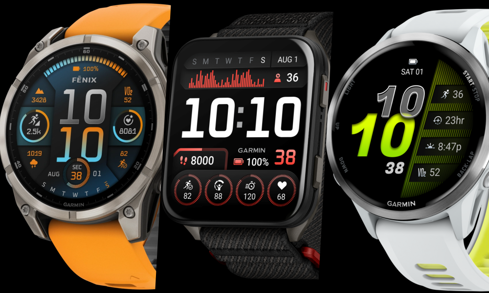 Na obrazku trzy zegarki Fenix 8, Venu X1 i Forerunner 970