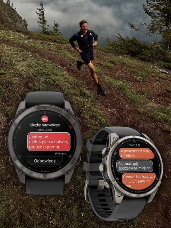 Biegacz na ścieżce w górach i dwa zegarki serii Garmin Fenix 8 Pro AMoled